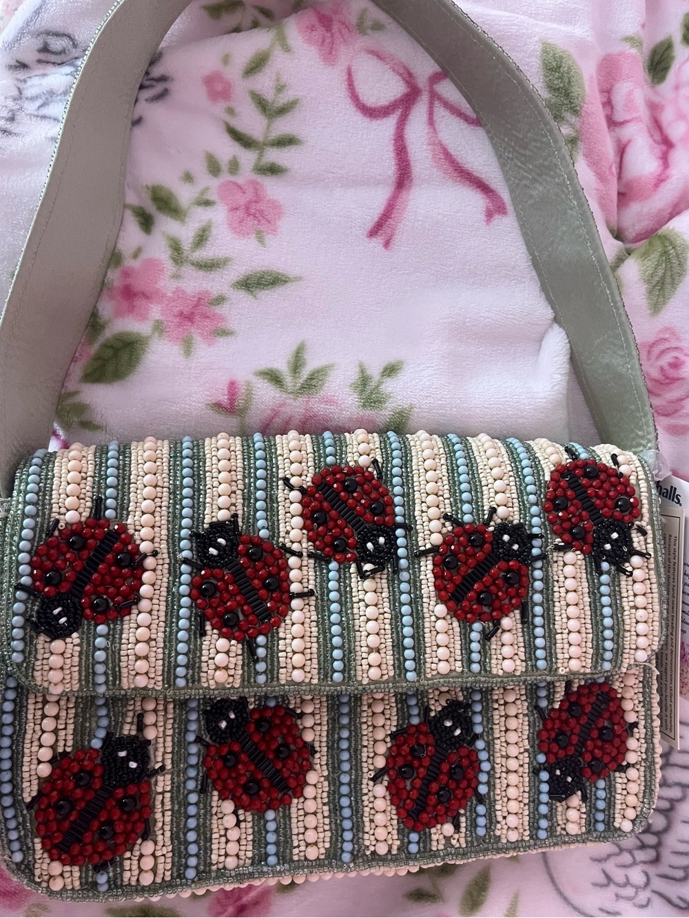 Beaded Ladybug Accent Shoulder Bag in Cream and Red